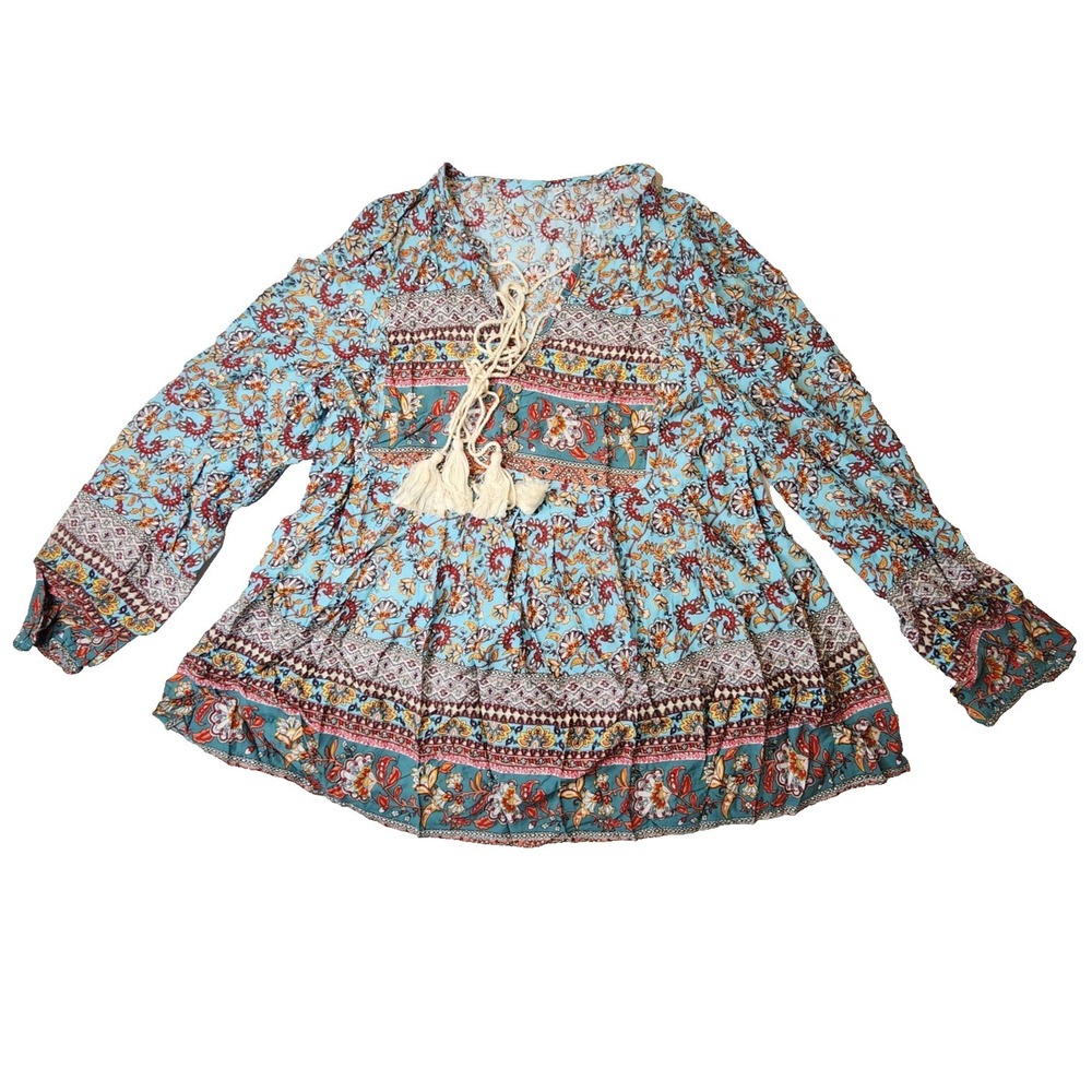 Boho Blouse Floral Print V-Neck Long Sleeve Blouse Women Chic Women Blouse Large